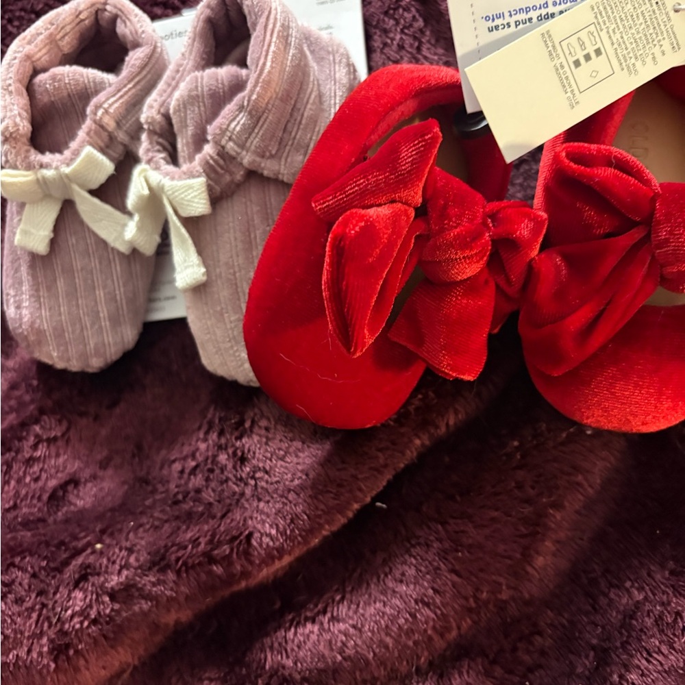 Velvet Red Baby Shoes with Bow & Blush Pink Knit Booties